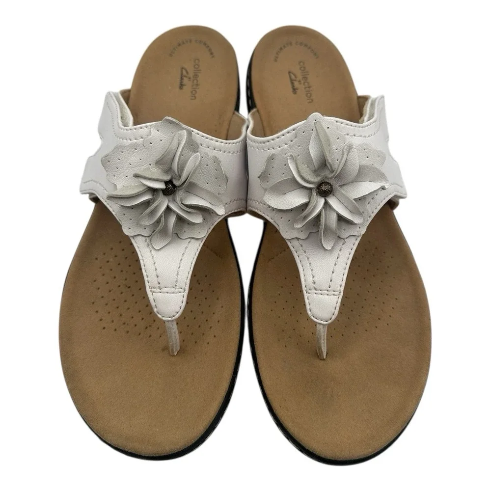 Clarks Laurieann Gema Sandals Women Sz 10 M White Floral Strappy Thong Flip Flop